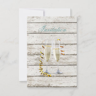 Invitation pays français blanc bois blanc flûtes champagne