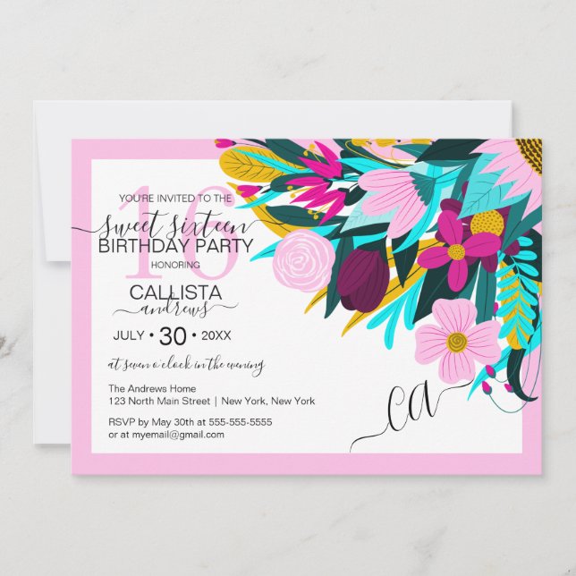 Invitation Pays Golden Rose Floral Feuille Bordure Sweet 16 (Devant)