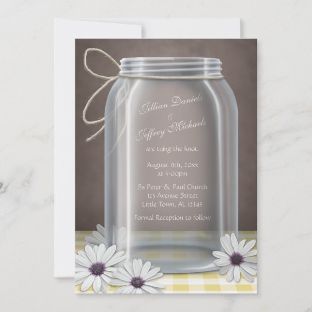 Invitation Pays Mason Jar Daisy Jaune Mariage Brown  (Devant)