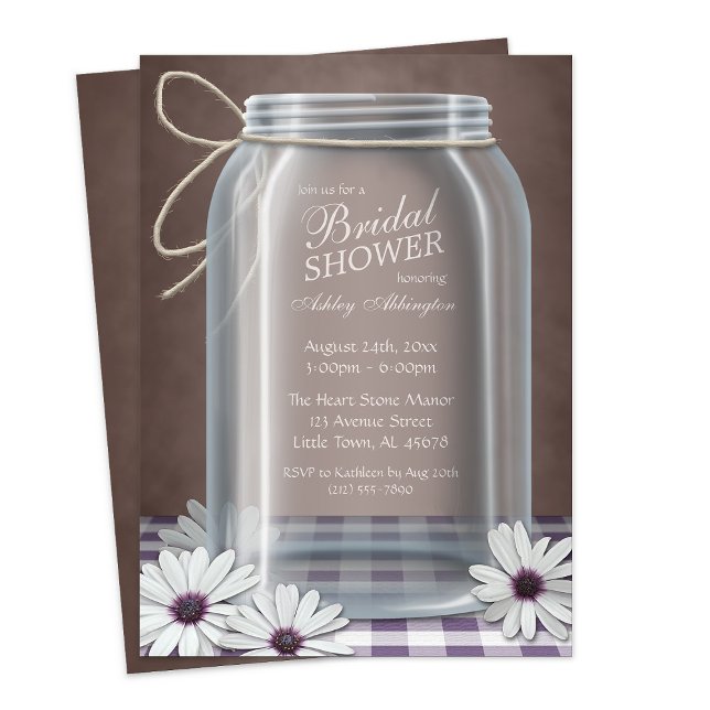 Invitation Pays Mason Jar Purple En vichy Fête des mariées (Country Mason Jar Purple Gingham Bridal Shower Invitation from Starzraven. Downloadable evite, too.)
