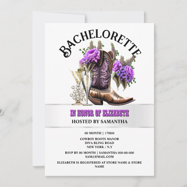 Invitation Pays occidental cowgirl bottes pourpre bulle glam (Devant)