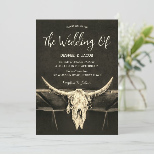 Invitation Pays Ouest Rustique Sepia Bull Mariage crâne (Debout devant)