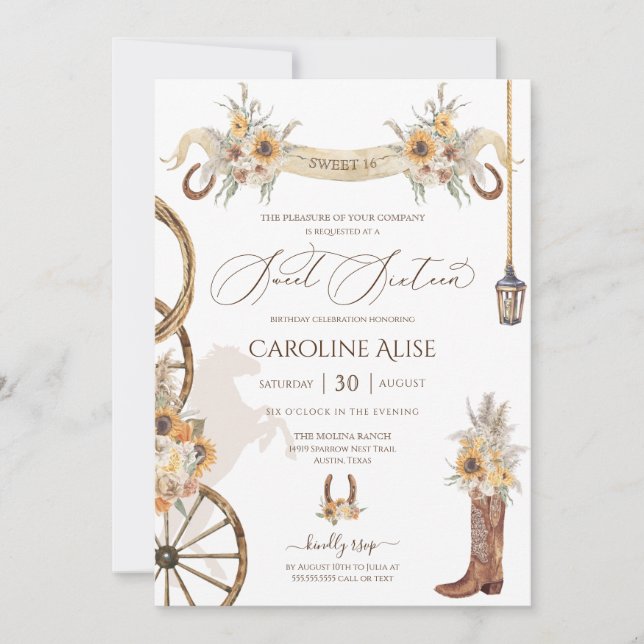 Invitation Pays Ranch rustique Western Sweet 16 Anniversaire (Devant)