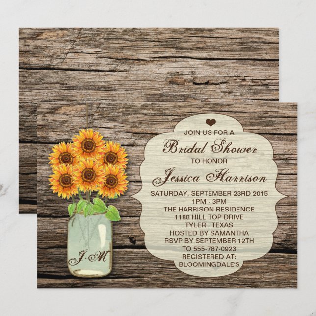 Invitation Pays Russe Sunflower Mason Jar Fête des mariées (Devant / Derrière)
