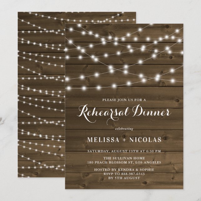 Invitation Pays Rustic String Lights Dîner de répétition (Devant / Derrière)