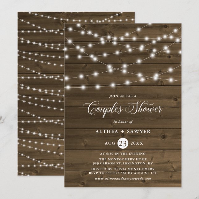 Invitation Pays Rustic String Lumières Couples Douche Invitat (Devant / Derrière)