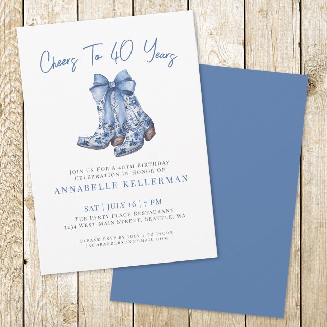 Invitation Pays Rustique 40e anniversaire (Country Blue Bow Cowboy Birthday Invitation )