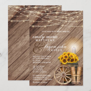 Invitation Pays rustique avec tonneau de bois et tournesols