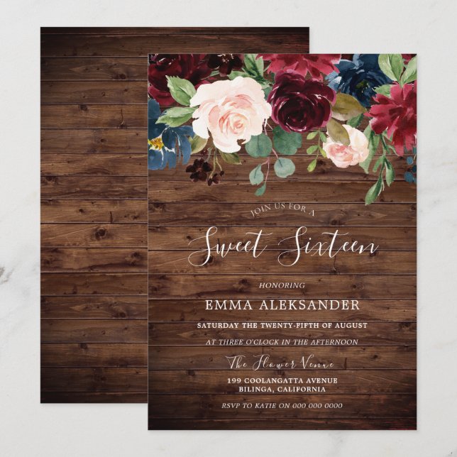 Invitation Pays rustique Bourgogne Rouge Floral Sweet 16 (Devant / Derrière)