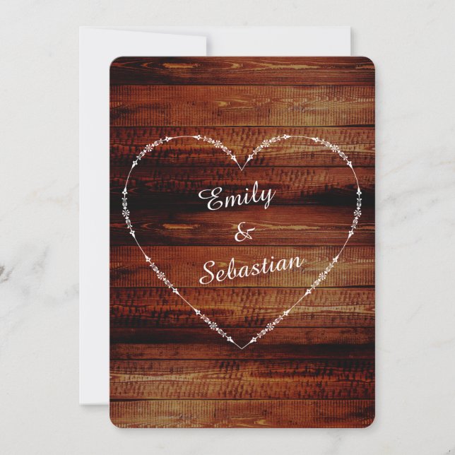 Invitation Pays Rustique Classique Bois Coeurs Mariage Invita (Devant)