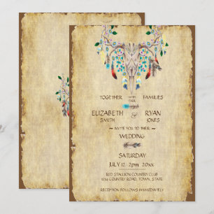 Invitation Pays rustique, Crâne de cerf, Plumes, Mariage