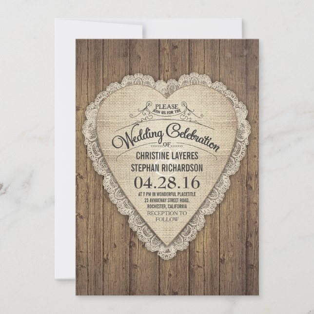 Invitation pays rustique dentelle et burlap mariage inviter (Devant)