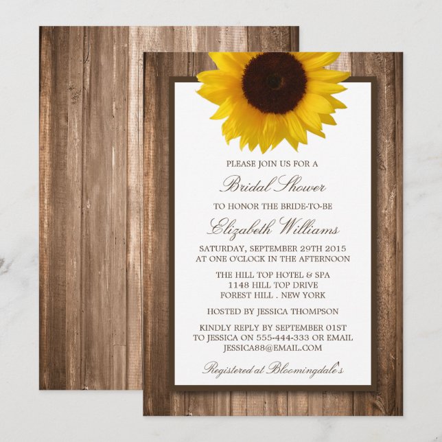 Invitation Pays Tournesol rustique Fête des mariées en bois B (Devant / Derrière)