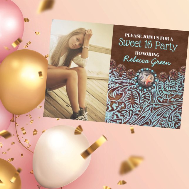 Invitation pays turquoise western sucré 16 anniversaire fête (turquoise country western sweet 16 birthday party invitation)