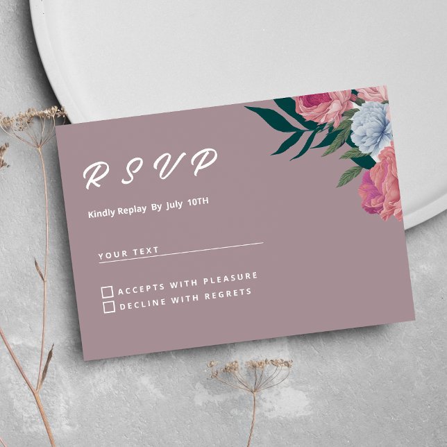 Invitation Pays vert foncé rose violet fleuri RSVP (Country dark green pink purple floral RSVP)