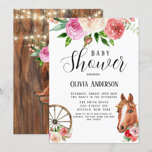 Invitation Pays Wagon Wheel Horse et Florals Baby shower