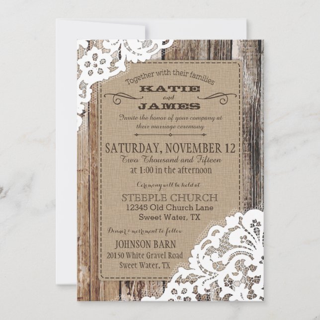 Invitation Pays Western Dentelle de bois Mariage rustique (Devant)
