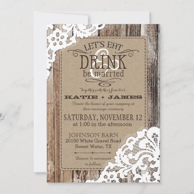 Invitation Pays Western Dentelle de bois Mariage rustique (Devant)