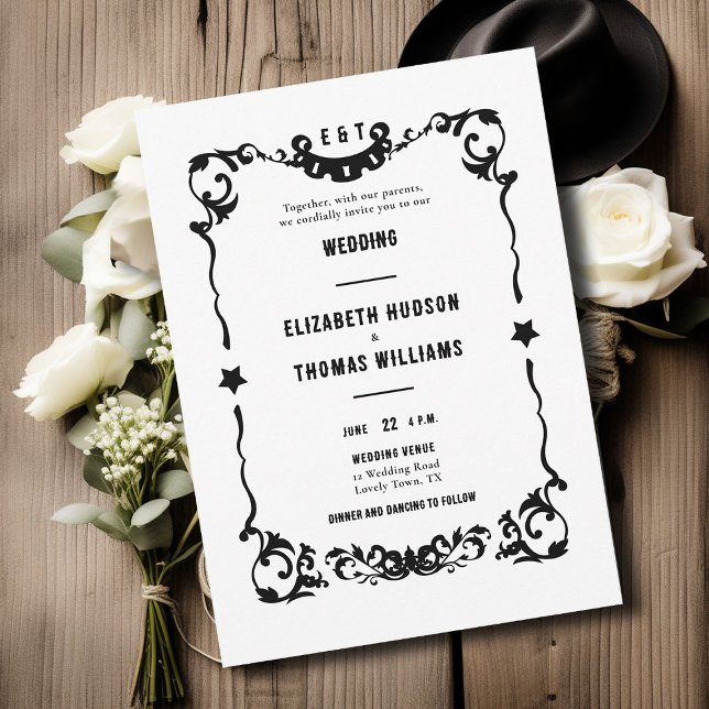 Invitation Pays Western Stars noir blanc Mariage officiel (country western black white wedding invitation vintage frame elegant formal modern ranch barn rustic)