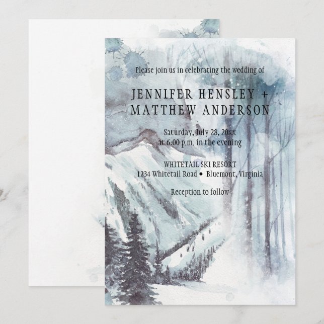 Invitation Paysage de neige Pine Trees Montagnes Mariage | (Devant / Derrière)