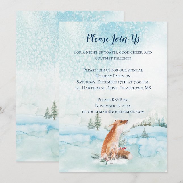 Invitation Paysage de neige renard de Noël Fir Trees (Devant / Derrière)
