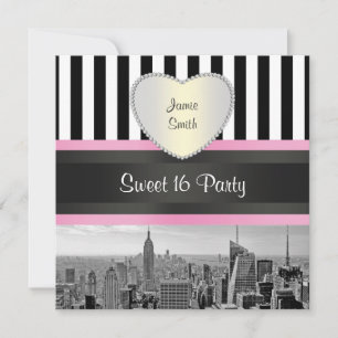 Invitation Paysage de NYC en noir et blanc avec rayures roses