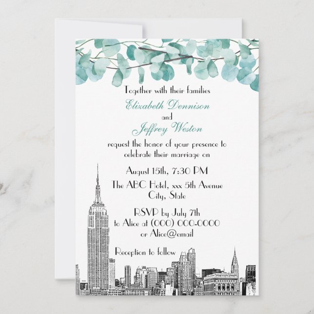 Invitation Paysage de NYC ESB Gravure Eucalyptus Mariage (Devant)