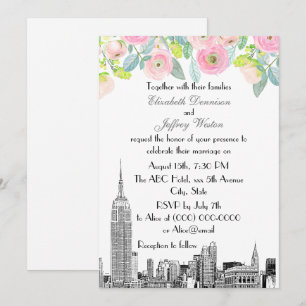 Invitation Paysage de NYC ESB Gravure Fleur de Renoncule Rose