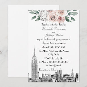 Invitation Paysage de NYC ESB Gravure Lt Rose Gris Fleur Mari