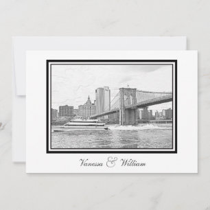 Invitation Paysage de NYC Pont de Brooklyn Bateau BW Gravure