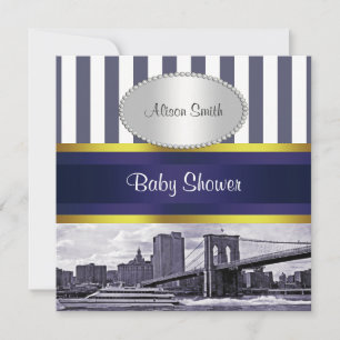Invitation Paysage de NYC Pont de Brooklyn Bleu Blanc Baby Sh