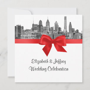 Invitation Paysage de Philadelphie Gravure BW Rouge Mariage