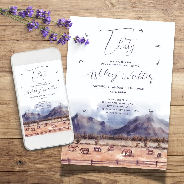 Invitation Paysage des chevaux Jalon fête d'anniversaire (Landscape with horses birthday party invitation for any age)