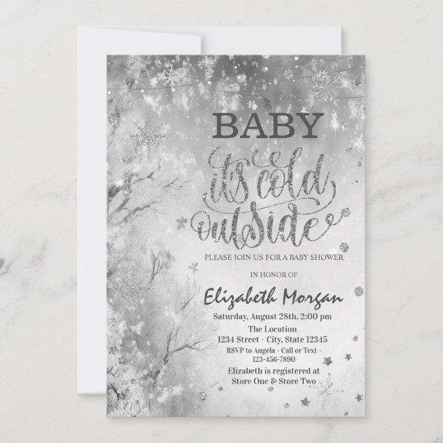 Invitation Paysage d'hiver Baby shower gris d'arbre (Devant)