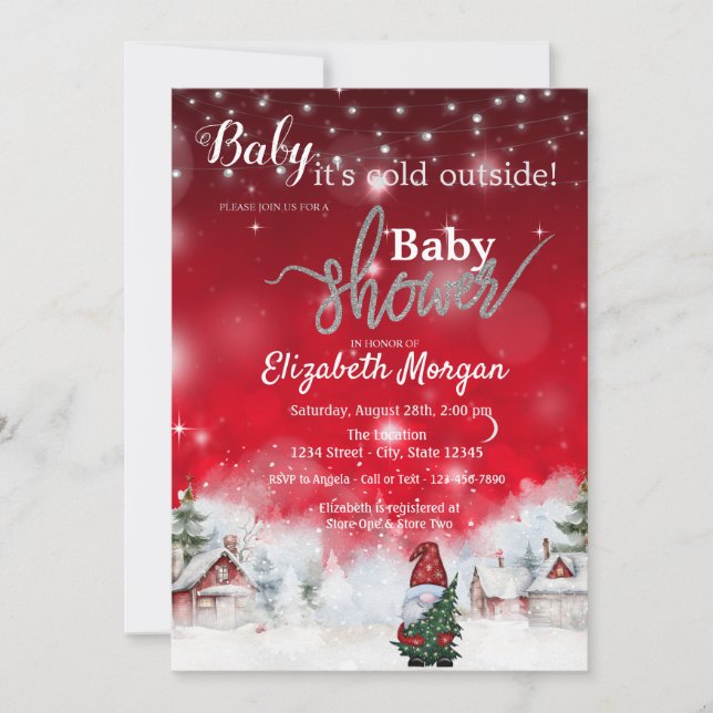 Invitation Paysage d'hiver Gnome mignon Rouge  (Devant)