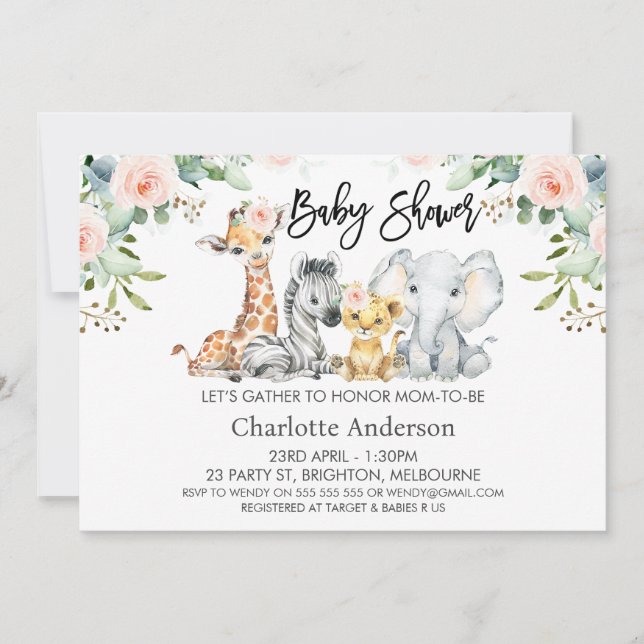 Invitation Paysage pour filles Safari Animaux Baby shower (Devant)