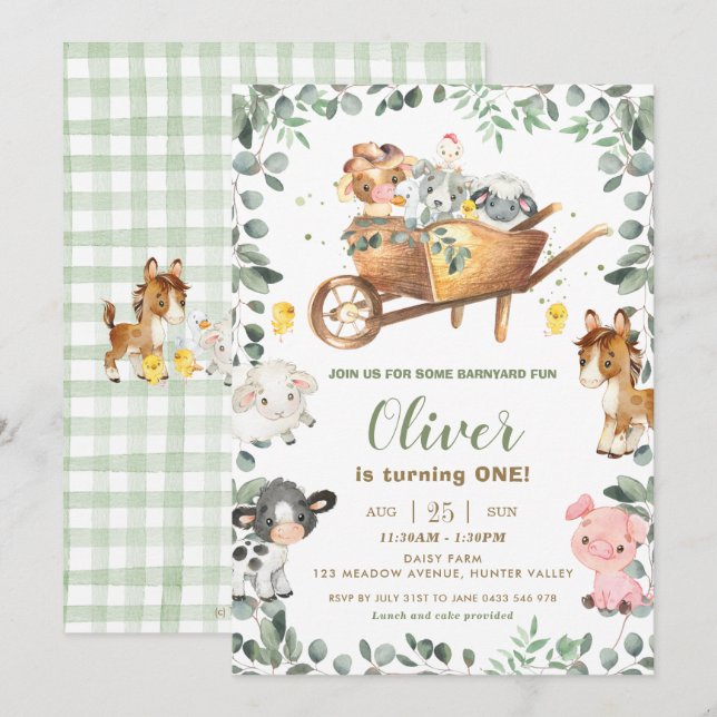 Invitation Paysage rustique Animaux de ferme Barnyard Anniver (Devant / Derrière)