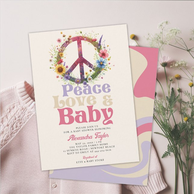 Invitation Peace Love Baby Fleurs sauvages Retro Baby Girl Do (peace love baby groovy hippie retro vintage girl shower invitation blue pink purple beige)