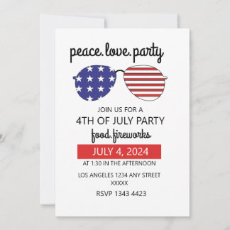Invitation Peace Love Party Happy 4 juillet