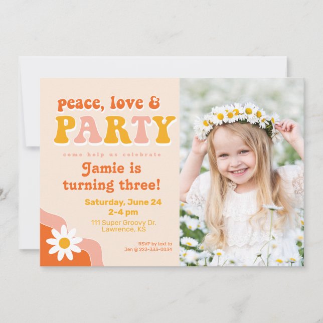 Invitation Peace, Love & Party Retro Photo Anniversaire Invit (Devant)