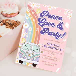 Invitation Peace Love Party Retro Rainbow 7e anniversaire