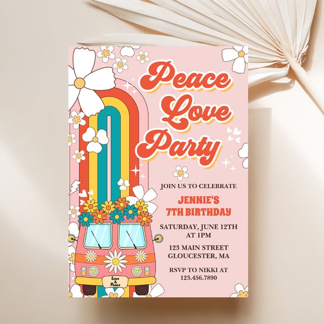 Invitation Peace Love Party Retro Rainbow 7e anniversaire (Créateur téléchargé)