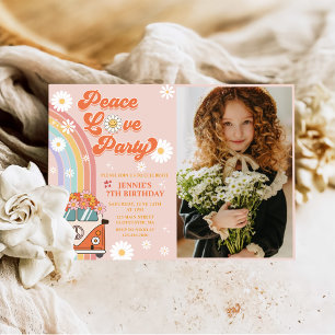 Invitation Peace Love Party Retro Rainbow 7th Birthday Photo