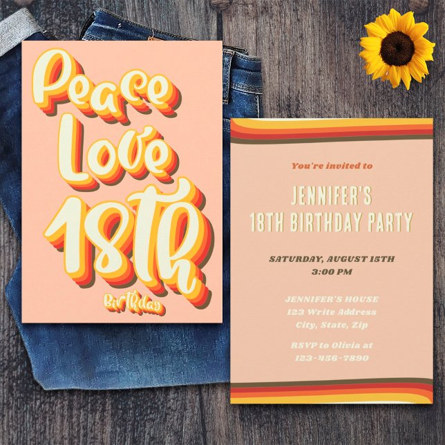 Invitation Peace Love Peach Retro Sunset Super 18e anniversai (Front and Back)