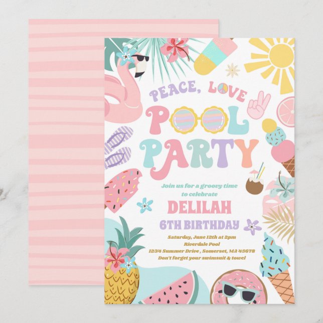 Invitation Peace Love Pool Party Piscine d'été Super Annivers (Devant / Derrière)