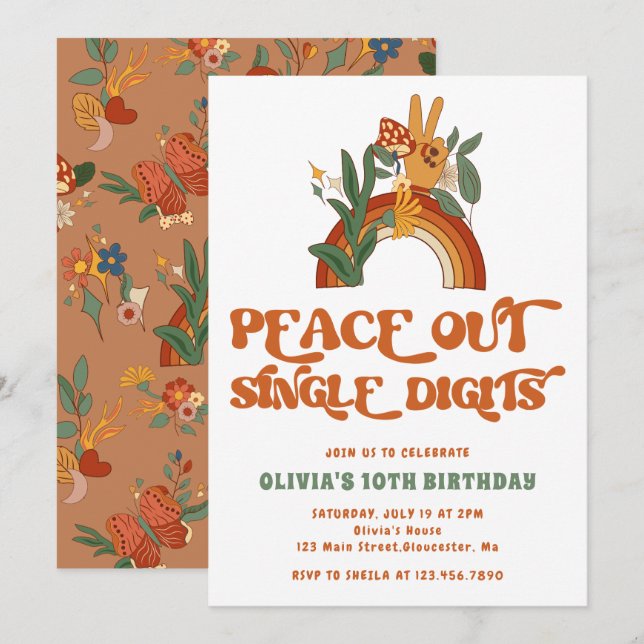 Invitation Peace Out Chiffres simples Rainbow Birthday Party (Devant / Derrière)