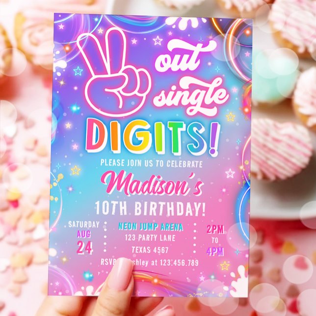 Invitation Peace Out Single Digits Neon Glow Girl Birthday (Créateur téléchargé)