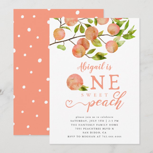 Invitation Peach 1er fête d'anniversaire (Devant / Derrière)