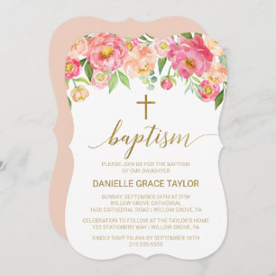 Invitation Peach and Pink Peony Flowers Baptism