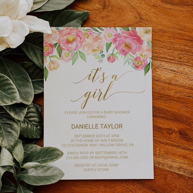 Invitation Peach and Pink Peony Flowers C'est une fille (Créateur téléchargé)